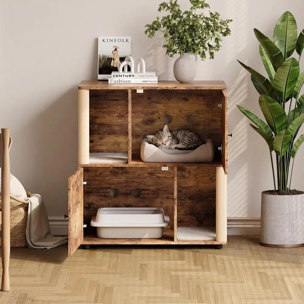 Dual Compartment Litter Box Cabinet with Odor Control for Multiple Cats, Scratch-Resistant, Compact Design