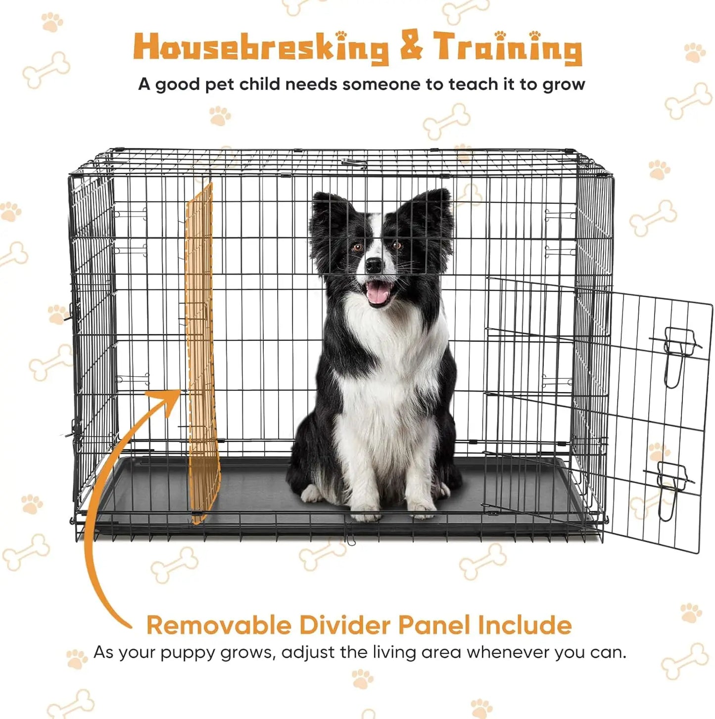 Double Door Dog Cage With Leak Proof Tray Folding Kennel