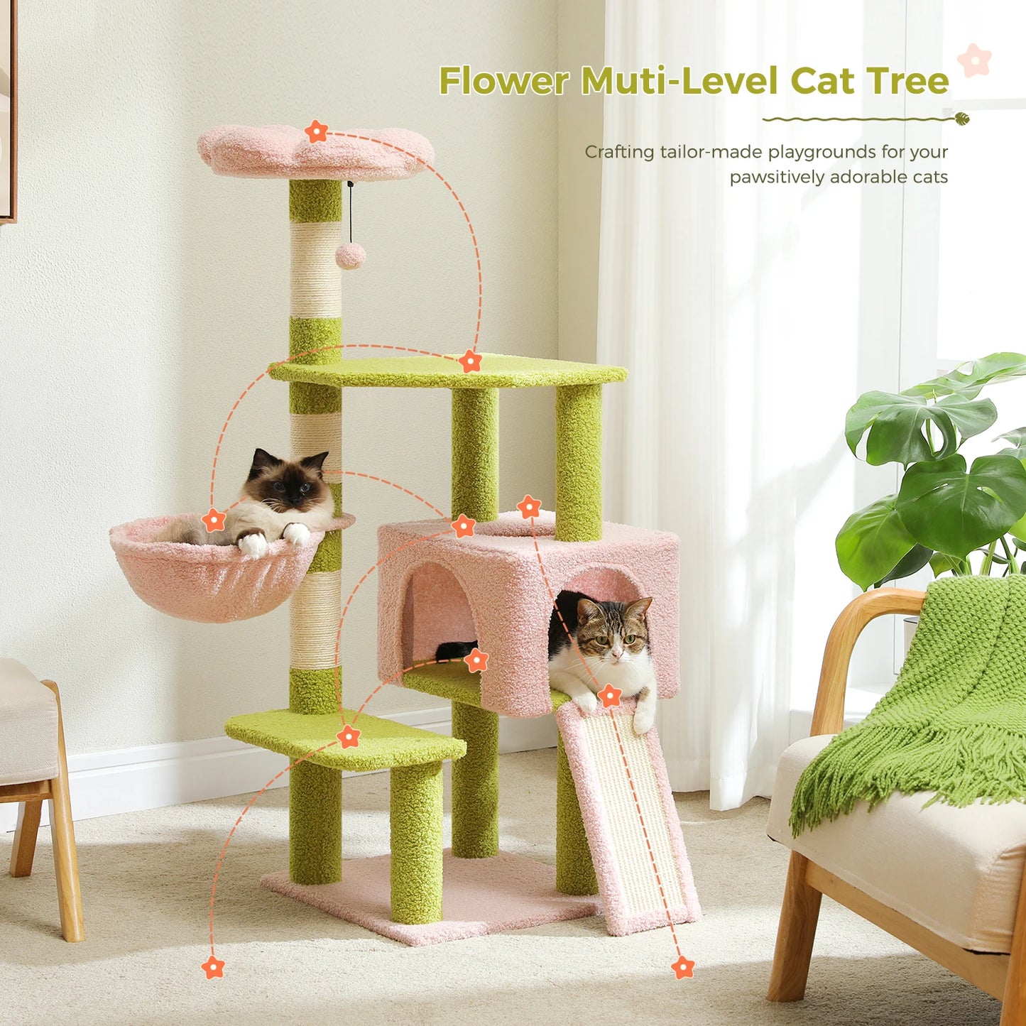 PEQULTICN Flower Cat Tree Multi Level Cat Tower With Hammock