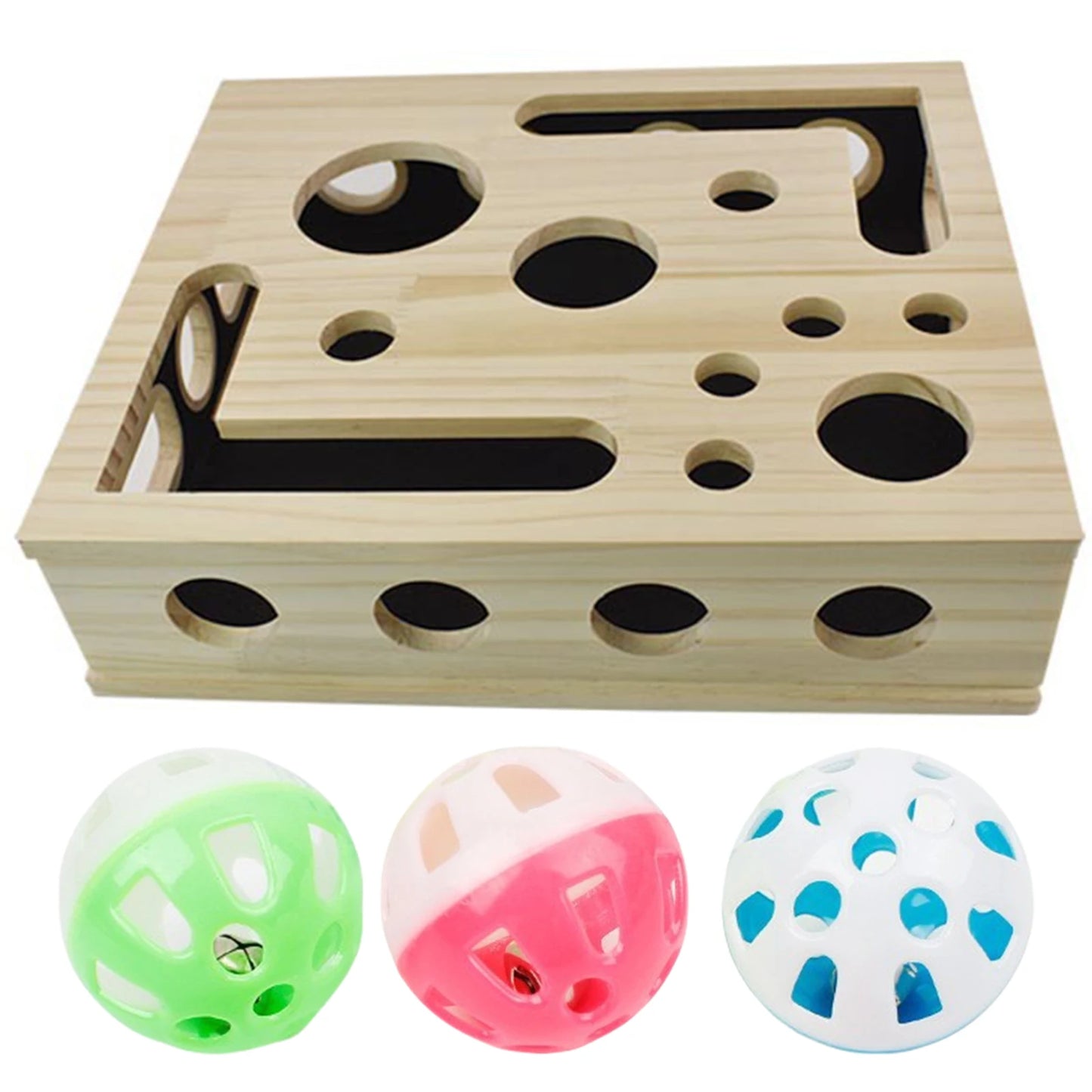 VKTECH Interactive Wooden Cat Puzzle Toy With Balls Enrichment Box