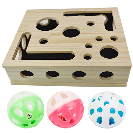 VKTECH Interactive Wooden Cat Puzzle Toy With Balls Enrichment Box