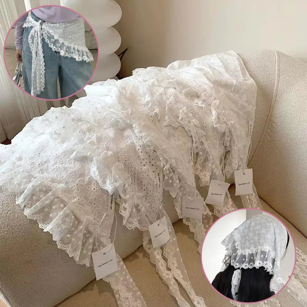 New Hollow Lace Scarf Retro Triangle Headscarf Embroidered Lace Neck Scarf White Lace Up Travel Photo Headband for Women girls