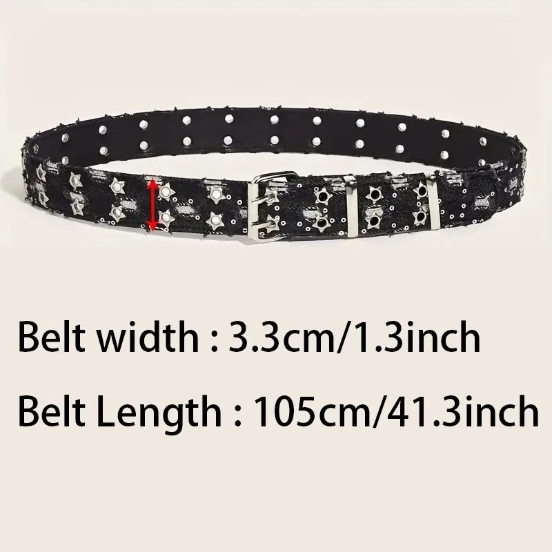 2026New Fashion Luxury Belt Black Punk Accessories Blue Denim Girdle HipHop Y2k Star Hollowed Pin Buckle Waistband，For Men Women