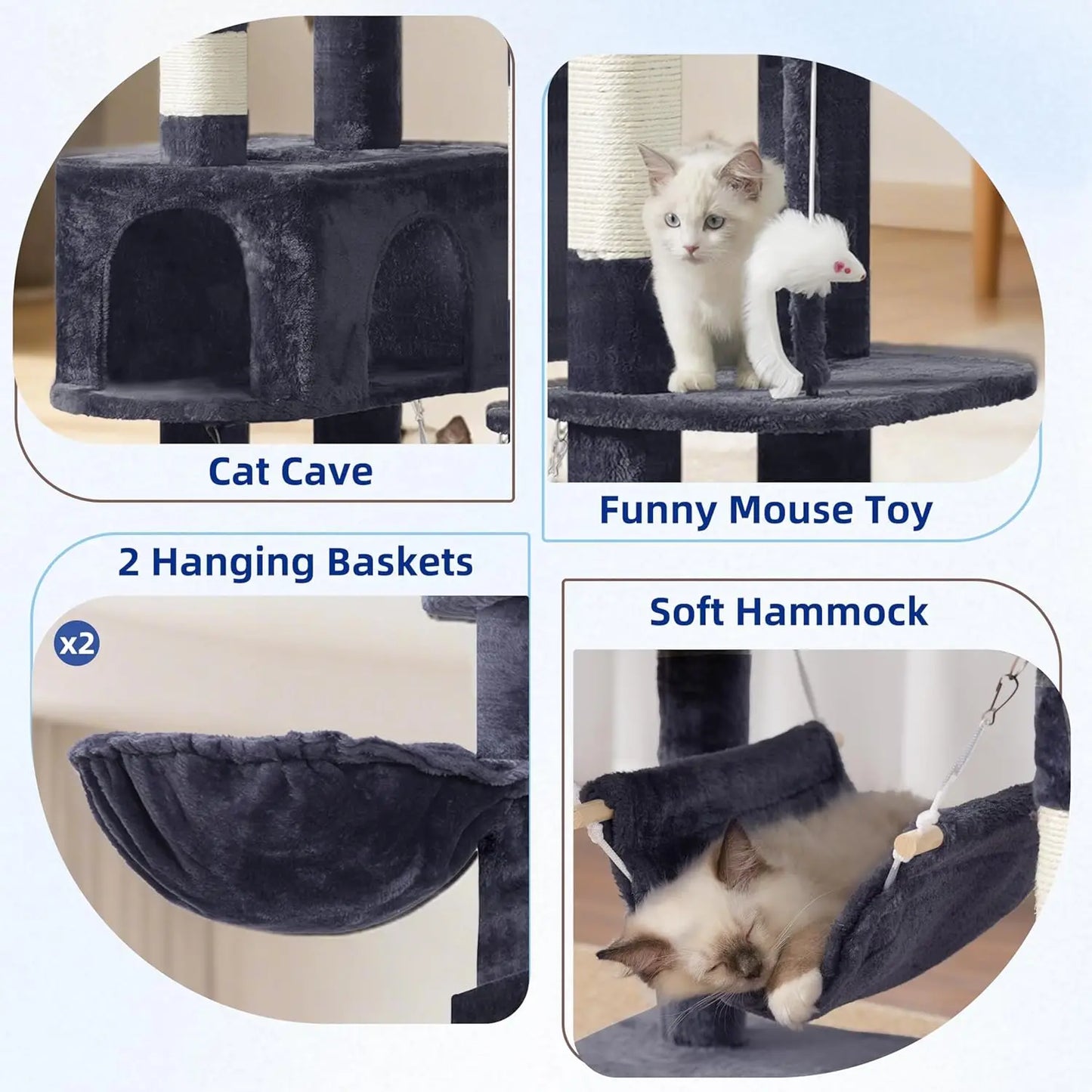 Tall Cat Tree for Large Cats with Perches and Hammock
