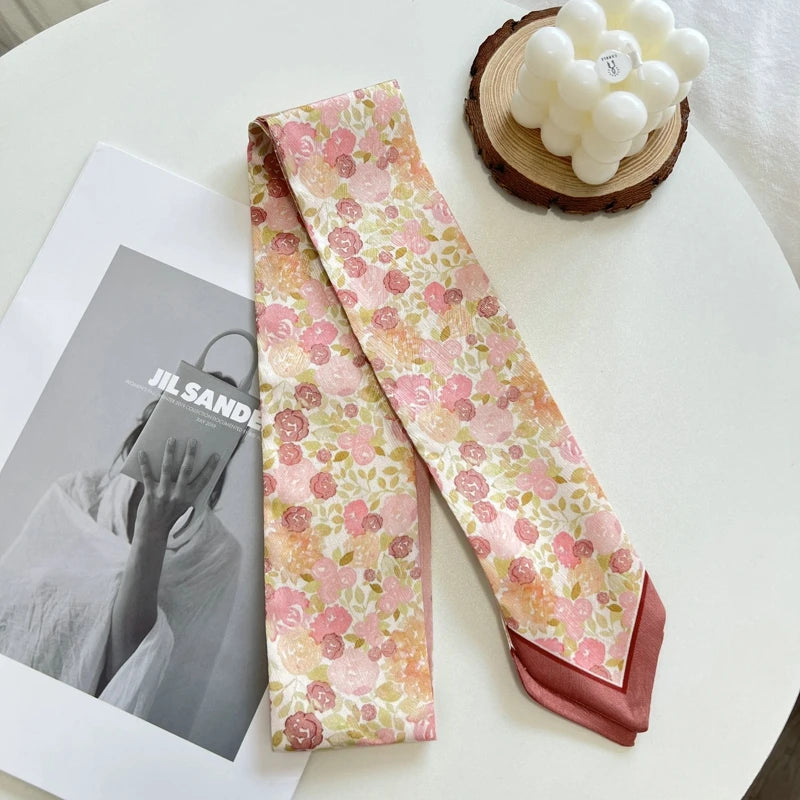 Fashion Floret Printed Hairband Silk Satin Bag Scarf For Women Skinny Long Wrist Ribbon Neck Scarves Hair Scarfs For Women