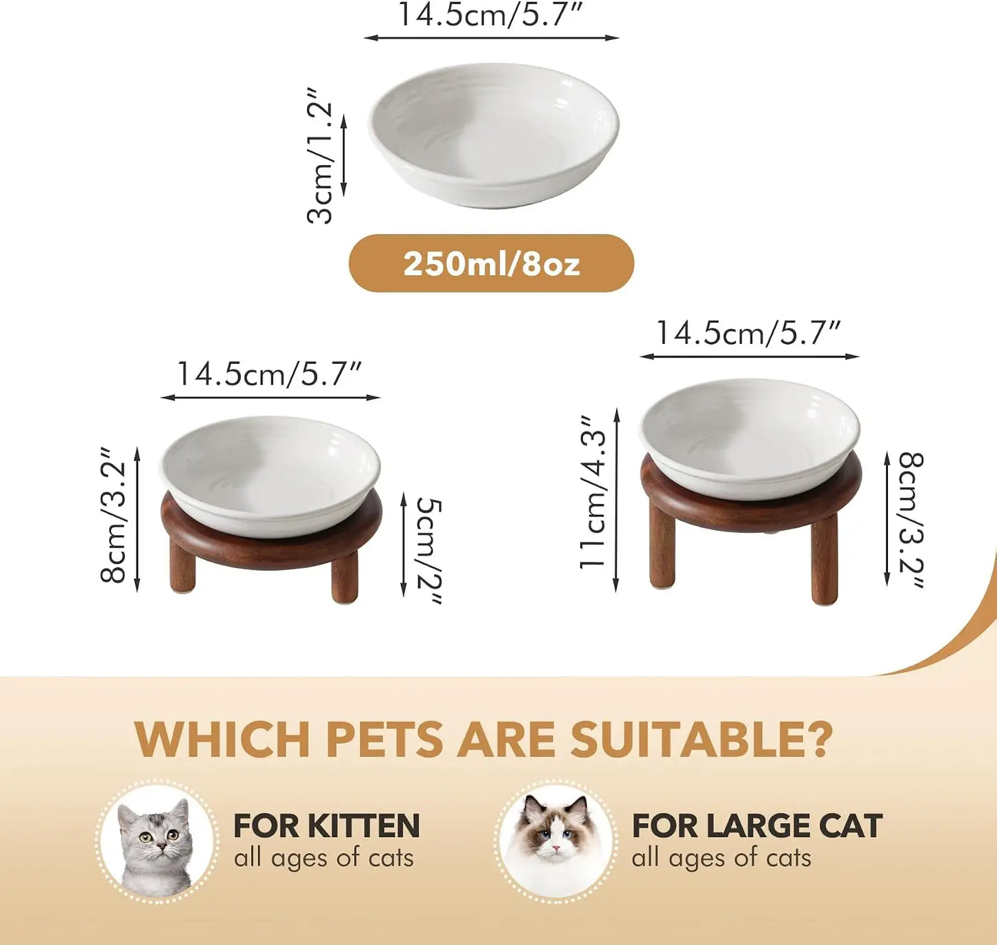 Elevated Cat Bowls Raised Ceramic Cat Bowl, 5.7” Wide Opening Cat Food Bowl Friendly Cat Dish Anti-Slip with Wood Stand, Shallow