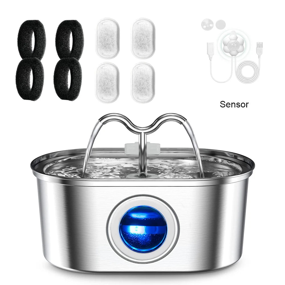 3.2L Stainless Steel Cat Water Fountain with Water Level Window, continuously circulates flowing water, perfect for pets.