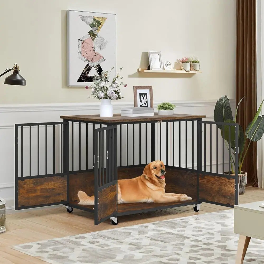 Rustic Heavy Duty Dog Crate With Wheels For Indoor Use